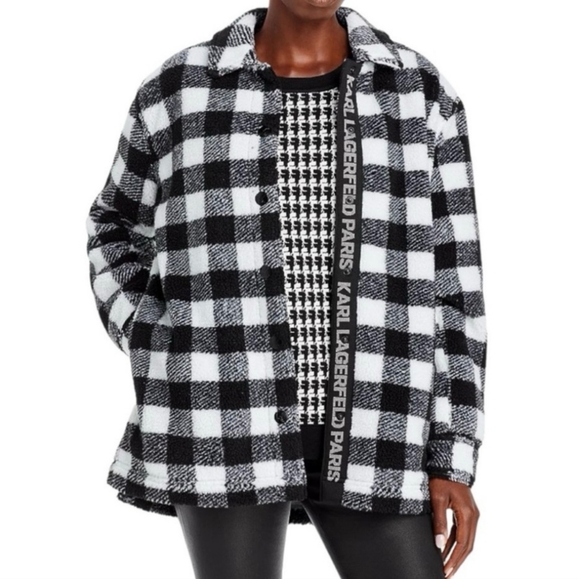 Karl Lagerfeld Paris women's size L buffalo plaid soft teddy jacket